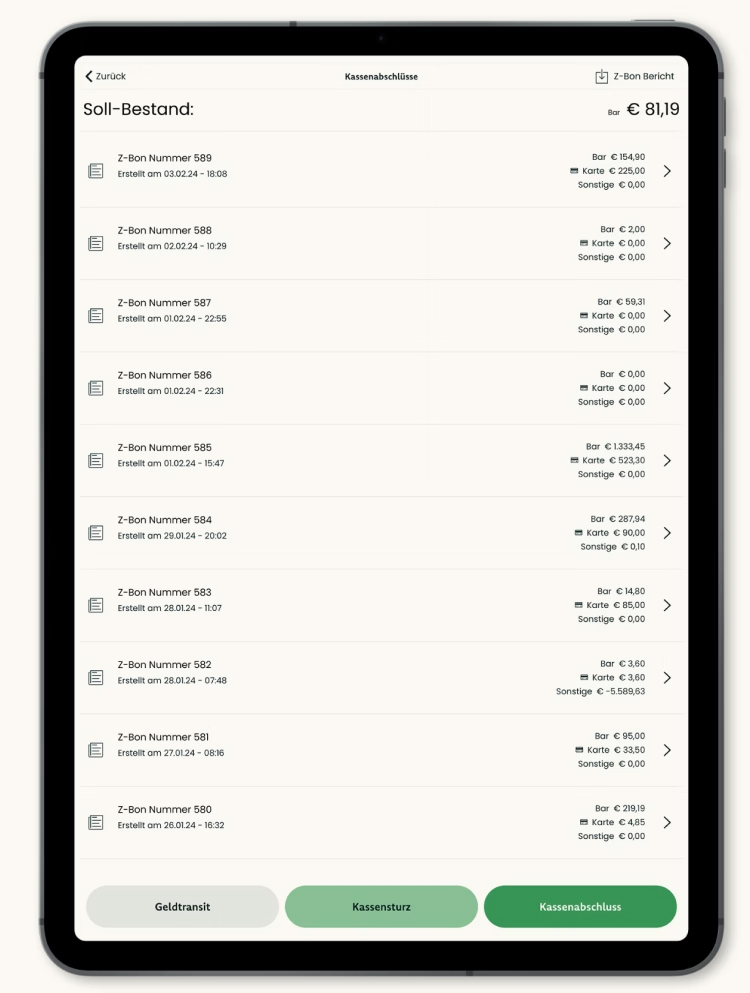 Tablet Registrierkasse mit Kassenabschluss und Z-Bon